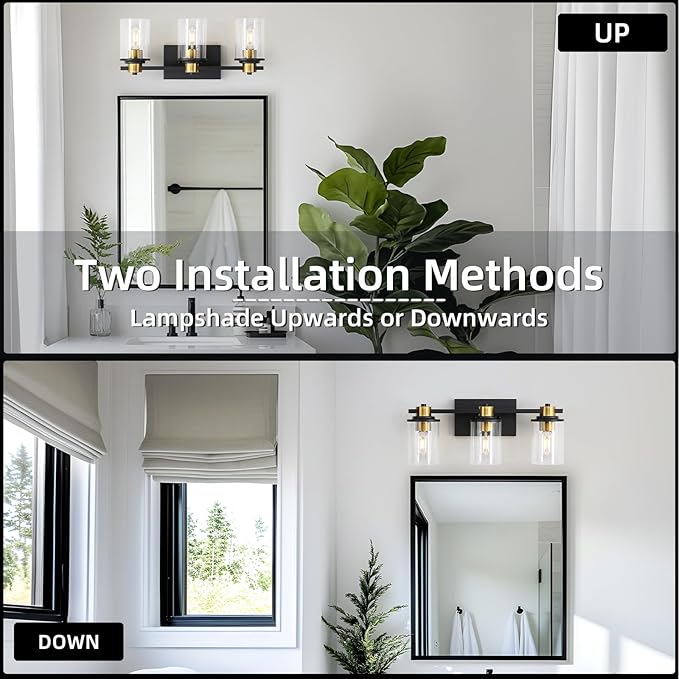 LOUSACE Bathroom Lighting Fixtures Black and Gold 3 Light Bathroom Vanity Light Over Mirror with Clear Glass Shades, Brushed Gold Socket Wall Vanity Lighting Fixtures for Bedroom Living Room