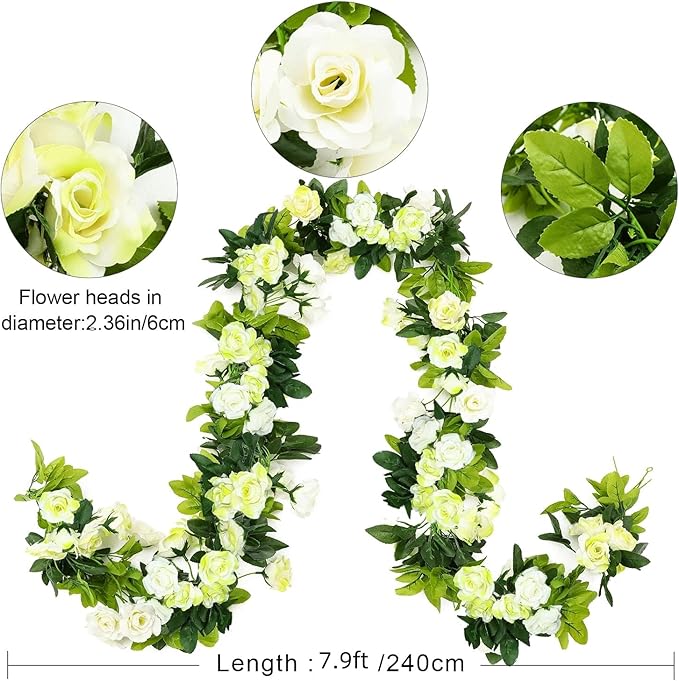 JUSTOYOU 2 Pack (15.8FT) Fake Rose Garland, Artificial Rose Vines Flowers Hanging Silk Rose Vine Wedding Home Backdrop Party Arch Arrangement Decoration