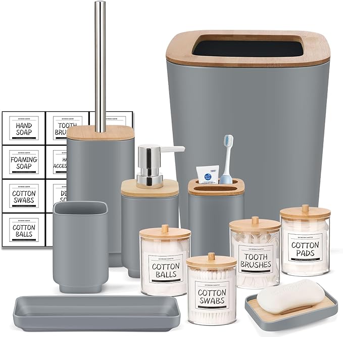 IMAVO Bathroom Accessories Set,Grey Bathroom Set,11 Pieces Bathroom Accessory Set,Trash Can for Bathroom Accessories Décor and Housewarming Gifts