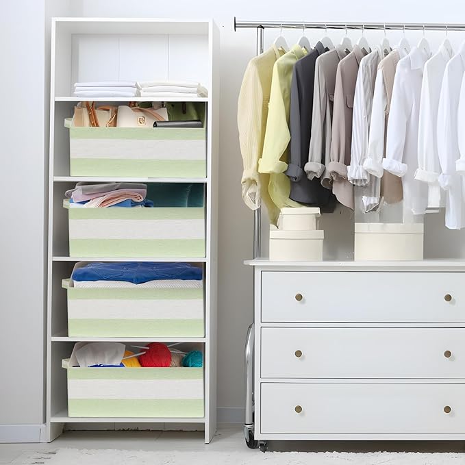 Linen Closet Organizers and Storage, Trapezoid Fabric Bins, Home Office Organization Baskets Striped Collapsible Box with Handles for Clothes, Blanket, Books, DVD, 4 Pack, Green/White