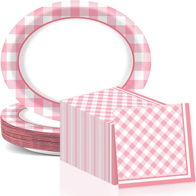 Pink Gingham Party Oval Paper Plates 11inch Pink & White Checkered Plates and Napkins, Plaid Birthday Decoration for Girls Women Party Supplies BBQ Gathering Picnic Tableware, 25 Guest