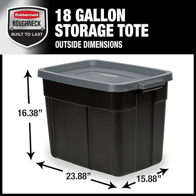 Rubbermaid 3-Pack Garage Storage Bins 18x12 Inch Heavy Duty Storage Bins, Large Capacity - USA Made Stackable Plastic Bins with Lids Black