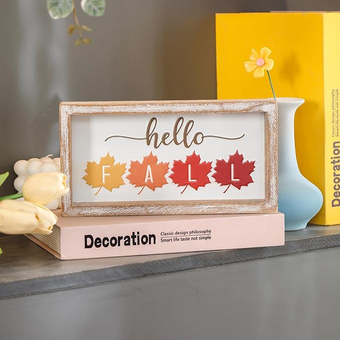 Embossed Hello Fall Sign, Farmhouse Fall Decorations for Home, Modern Autumn Home Decor Indoor, Wooden Thanksgiving Tiered Tray Decor for Table Shelf Cubicle Desk Mantel