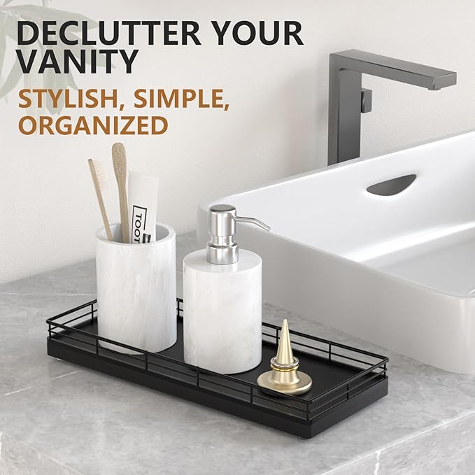 Bathroom Tray for Counter Top Organizer – Oak Wood Vanity Tray with Metal Frame for Dresser, Kitchen, Nightstand – Black Decorative Storage