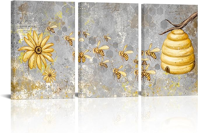 FuShvre Yellow and Grey Canvas Wall Art Honey Bee with Daisy Painting Prints Insect Pictures for Farmhouse Kitchen Decor Framed Ready to Hang 16"x24" Each (Medium, Grey)