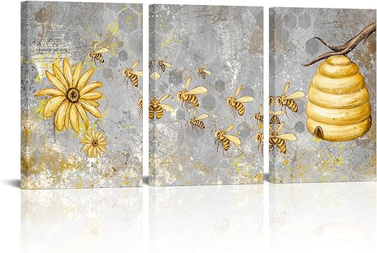 FuShvre Yellow and Grey Canvas Wall Art Honey Bee with Daisy Painting Prints Insect Pictures for Farmhouse Kitchen Decor Framed Ready to Hang 16"x24" Each (Medium, Grey)