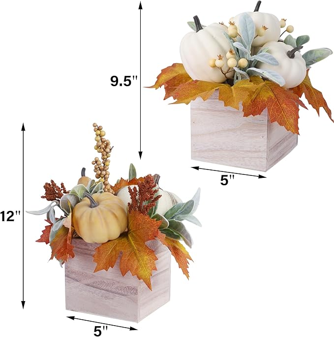 winemana 2 Pack Fall Decorations for Home - Artificial Pumpkin, Gourd, Berries & Leaves in Wood Vase | Autumn Table Centerpiece for Dining, Mantel, Indoors