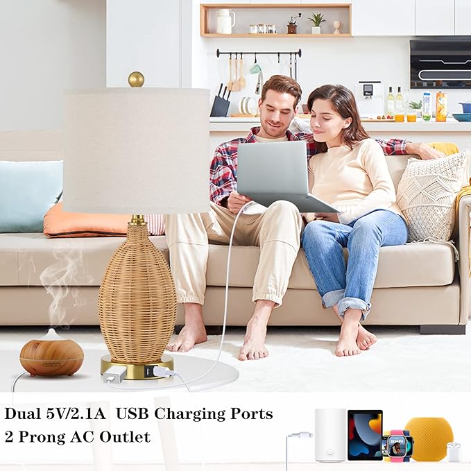 Touch Control Rattan Table Lamps, 3 Way Dimmable Bedside Lamps for Bedroom Set of 2 with 2 USB Ports and AC Outlet, Gold Wicker Nightstand Lamps for Living Room Office (LED Bulbs Included)