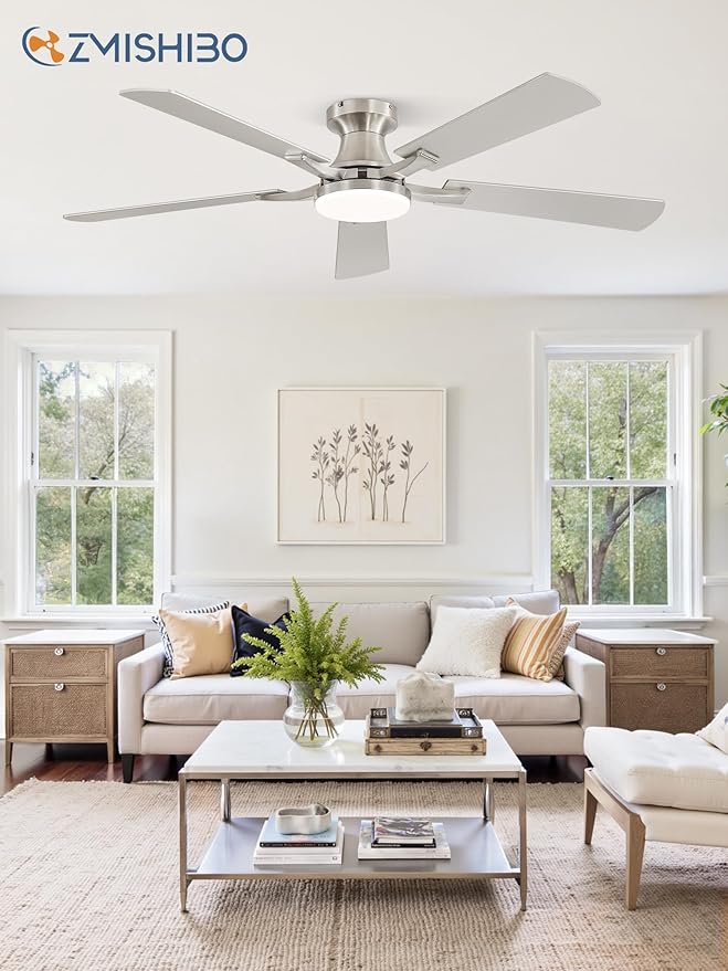 ZMISHIBO 52 Inch Ceiling Fan with Light, App&Remote Control, Flush Mount Low Profile, Dimmable 20W LED Light, Quiet Reversible Motor for Bedroom, Living Room, Apartment, Nickel