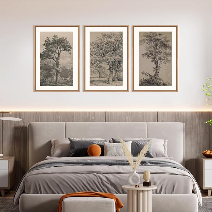 KAIRNE Vintage Tree Sketch Wall Art Set, Antique Tree Drawings Wall Decor, Nature Sketch Wall Painting, Framed Botanical Canvas Art Prints for Living Room, Bedroom, Dinning Room, Farmhouse - 16"x24"x3