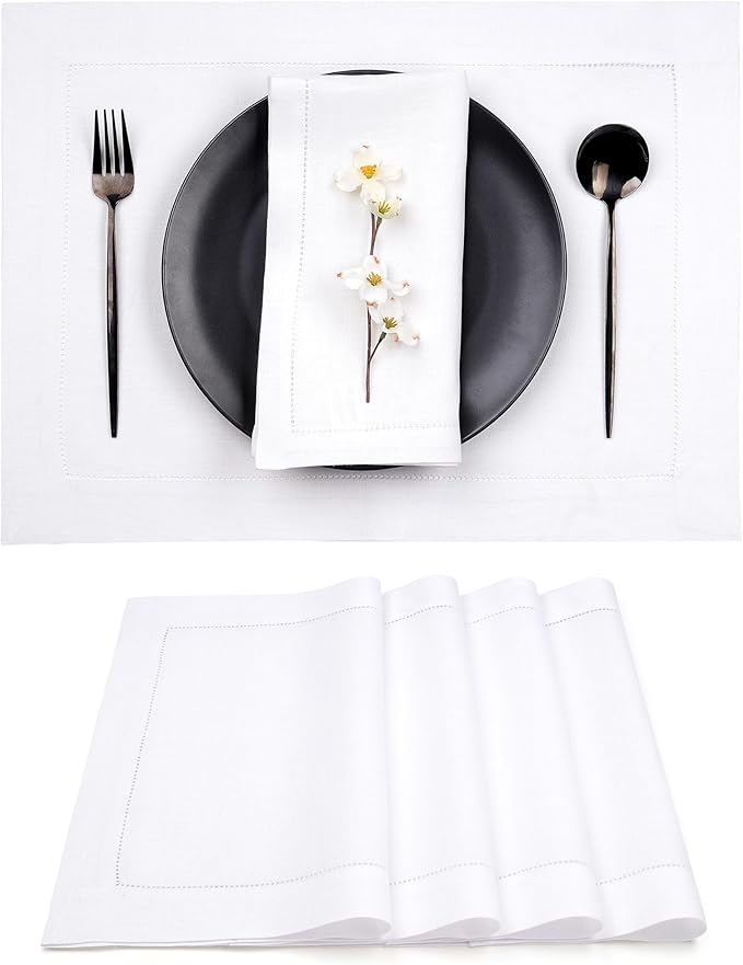 D'Moksha Homes White Linen Placemats Set of 4 - Classic Hemstitch Placemats 14 x 19 Inch - 100% Pure Linen Table Mats for Fall, Autumn and Halloween - Handcrafted and Machine Washable