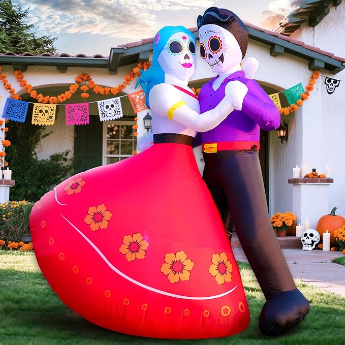 DomKom Halloween Inflatable Blow Up Decorations, Dia de Los Muertos 6FT Day of Dead Catrina Sugar Skull Couple Dancing, Built-in LEDs for Holiday Party, Garden, Lawn, Yard, Patio Décor