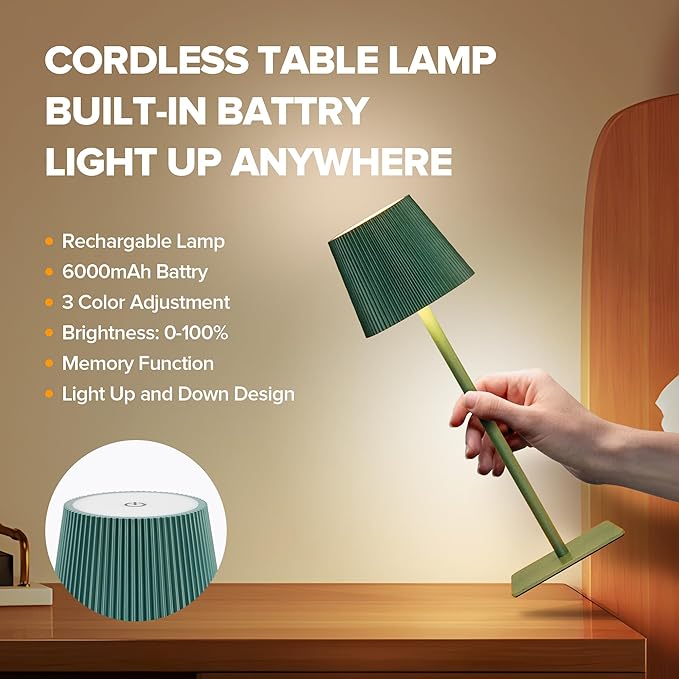 LUTEC 2 Pack Cordless Table Lamp,6000mAh Rechargeable Battery Operated Desk Lamp,Two Adjustable Heights,Waterproof, Touch Control & 3 Color Stepless Dimming for Restaurant/Bedroom/Bars/Outdoor (Green)