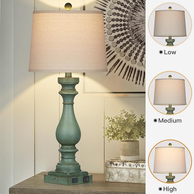 29" Tall Table Lamp for Living Room Set of 2,Vintage Bedside Nightstand Lamps with USB C+A Ports & AC Outlet,3-Way Dimmable Touch Control Retro Green Desk Lamp for Bedroom,Color 4