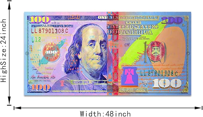 Large Money Poster Prints Inspiratioanal 100 USD Canvas Wall Art US One Hundred Dollars Bill Picture Wall Decor Modern Money Artwork for Living Room Bedroom Home Office, Framed 48 x 24 in