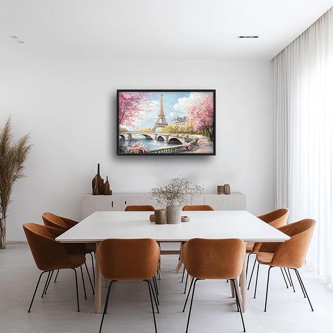 Eiffel Tower Framed Wall Art for Living Room, Large Paris Tower Canvas Wall Decor, Pink Cityscape Pictures Painting, Natural Landscape Modern Artwork for Bathroom Bedroom 36L'' × 24W''