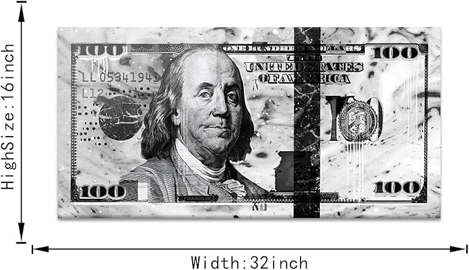 Black and White Office Decor Wall Art Canvas 100 Dollar Money Posters and Prints Artwork HD Print 100 USD Bill Money Work Pictures for Office Home Living Room Bedroom Rest Room Framed-32"Wx16"H