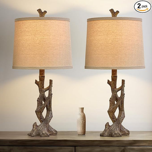 OYEARS 23" Rustic Farmhouse Table Lamp Country Cottage Lamps for Nightstand Tree Trunk Wood Grain Lamp for Bedroom Living Room with Oatmeal Fabric Round Shade Resin Bedside Lamp