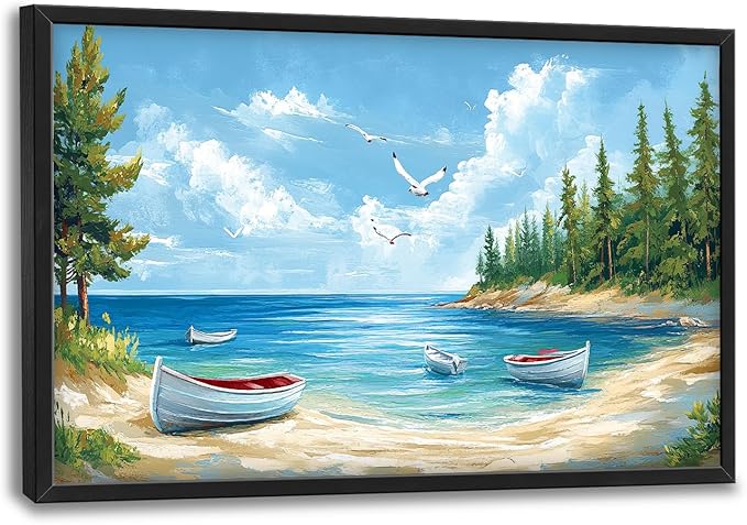 Framed Large Wall Art for Living Room, Beach Boat Canvas Wall Decor, Large Coast Sailboat Picture Framed Painting, Modern Artwork for Bedroom Office 36L'' × 24W''