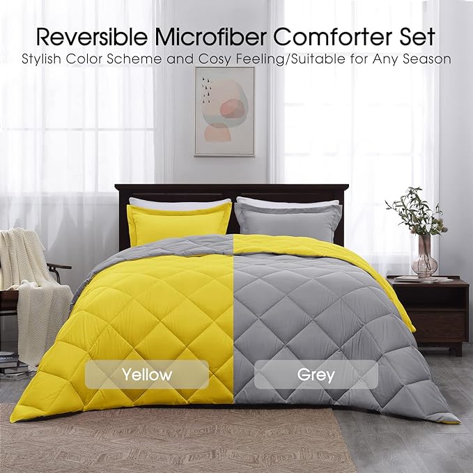 Basic Beyond King Size Comforter Set - Yellow and Gray Comforter Set King, Reversible King Bed Comforter Set for All Seasons, Yellow/Grey, 1 Comforter (104"x92") and 2 Pillow Shams (20"x36"+2")
