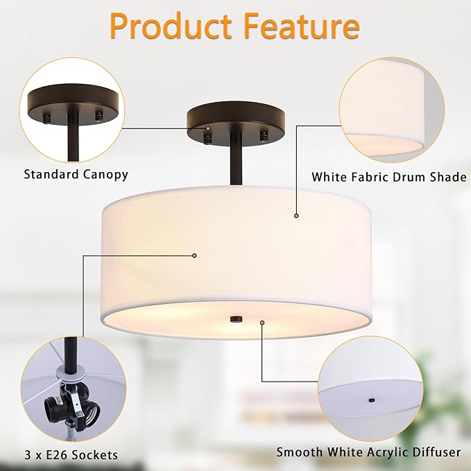 3-Light Semi Flush Mount Ceiling Light Modern Black Drum Light Fixtures with White Fabric Cover Shade Round Chandelier for Bedroom Living Room Kitchen and Hallway