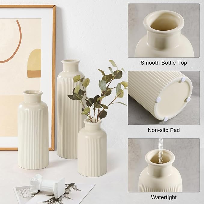 Small Beige Ceramic Vase Set of 3, Boho Modern Beige Flower Vase Room Decor, Farmhouse Decor, Vases for Your Kitchen, Bathroom, Bedroom, Living Room, Office&Shelf Centerpiece Table Decorations