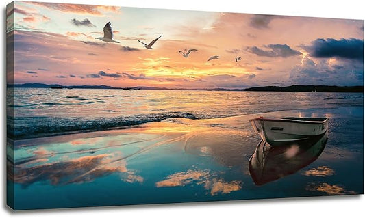 OKEXCKK Coastal Wall Decor Beach Canvas Wall Art Picture for Living Room - Sunset Ocean Landscape Painting Print Decor Blue Seascape Nature Artwork Poster for Bedroom Office Decoration - 20"x40"