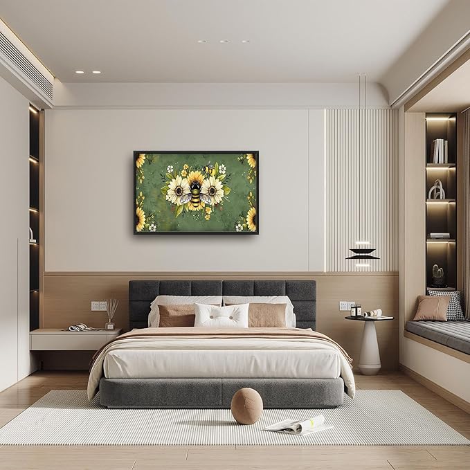 Flintis Large Bee Wall Art Bee Sunflower Pictures Wall Decor Abstract Animal Canvas Painting Print Artwork Decoration Framed for Living Room Bathroom Master Bedroom Office Dining Room 36L x 24W
