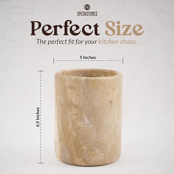 Marble Utensil Holder 6.5 Inch Stone Cooking Utensil Crock for Countertop Storage, Modern Travertine Utensils Caddy, Spoon & Spatula Organizer for Farmhouse Kitchen Decor