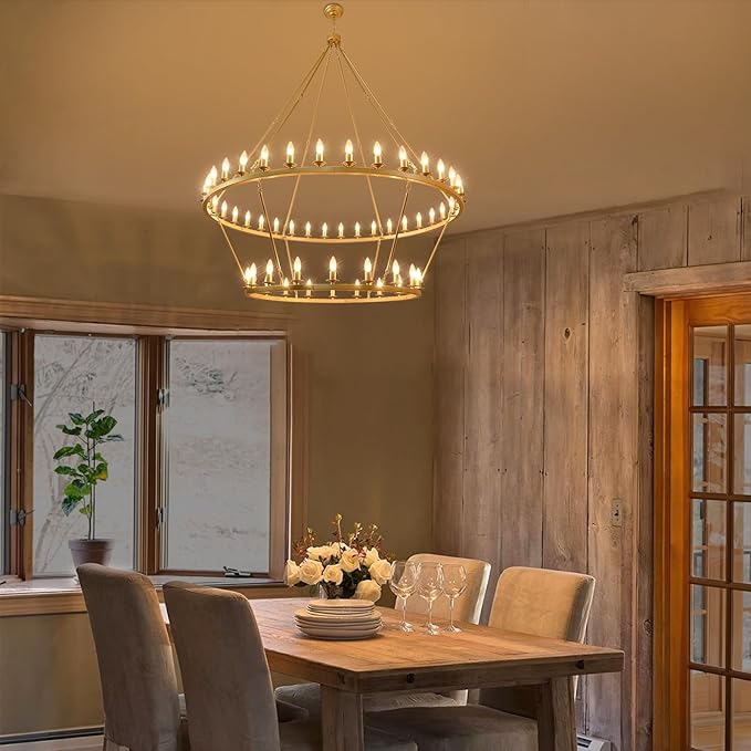 60 Inch Gold Wagon Wheel Chandelier, 2 Tier 54-Lights Large Farmhouse Chandeliers for High Ceilings, Extra Large Industrial Brushed Gold Pendant Lights for Foyer Hallway Dining Room Living Room