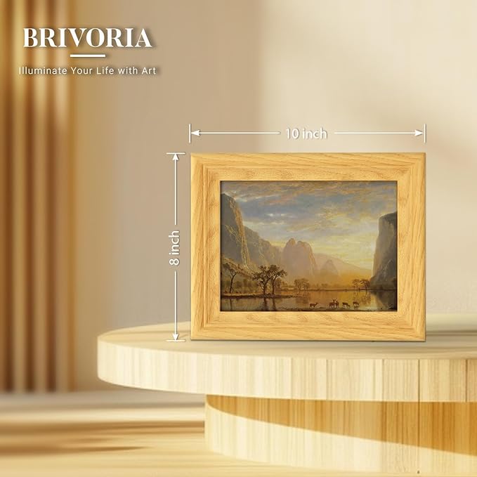 Brivoria Framed Canvas Wall Art Vintage Decor, Romantic Autumn Landscape with Golden Mountains, Deer, Lake Reflection and Canoe at Sunset for Bedroom Entryway Shelf or Tabletop Fall Display, 8"x10"