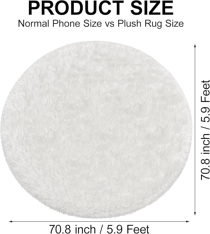 6x6 ft Tie Dye White Round Rug for Bedroom Room Fluffy Circle Rug Furry Carpet Shaggy Circular Fuzzy Washable Non-Slip Large Area Rug Soft Indoor for Living Room Cute Aesthetic Home Decor