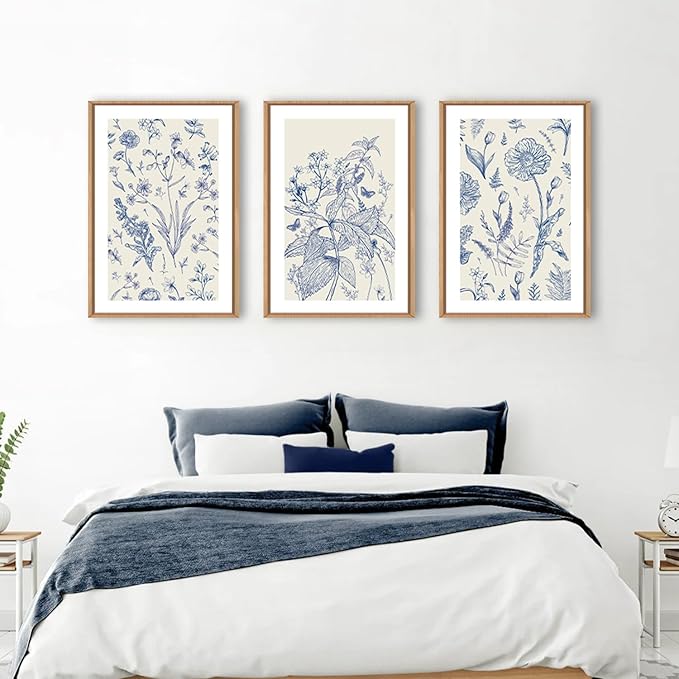 KAIRNE Blue and White Floral Wall Art Set of 3, 24x36Inch Chinoiserie Framed Canvas Art Prints, Navy Watercolor Botanical Flower Painting, Wildflower Decor for Living Room, Bedroom, Bathroom, Home
