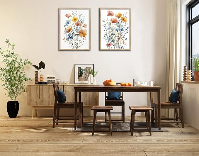 Framed Colorful Flowers Canvas Wall Art for Bathroom Decor, Blue Floral Print, Yellow Orange Flowers Artwork Pictures Poster for Bedroom Living Room Office Decoration 12"x16"x2 Panels