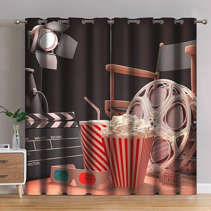 Jekeno Movie Theater Blackout Curtains Movie Theater Theme Print Home Bedroom Living Room Decor Sunlight Blocking Grommet Window Drapes 2 Panel Set, 52"x84"