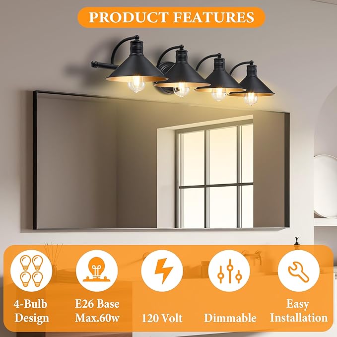 4 Light Bathroom Vanity Light Over Mirror - Black and Gold Farmhouse Wall Light for Bathroom Vanity Powder Room, Rustic Goose Neck Barn Style 4 Bulb Wall Sconce Over Kitchen Sink