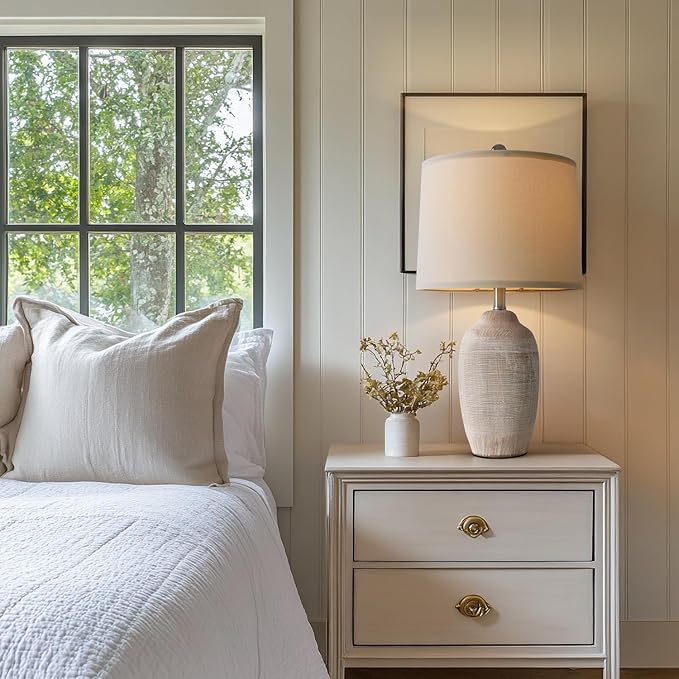 24.5" Vintage Ceramic Table Lamp - Single Farmhouse Rustic Bedside Lamp with Natural Textured Finish, Nightstand Lamps for Living Room, Bedroom, End Table, Office White