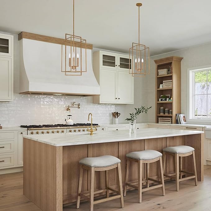 Antique Bronze Chandelier Lighting Fixture with Geometric Metal Cage, Retro Inspired 4-Light Industrial Pendant for Kitchen Island, Living Dining Room, Home Office Stairwell