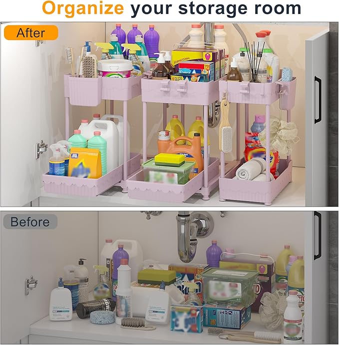 3 Pack Under Sink Organizers, 2-Tier Multi-Use Kitchen and Bathroom Organizers and Storage with Sliding Drawers，Bathroom Cabinet Organizer (Pink, 12.8 Inch)
