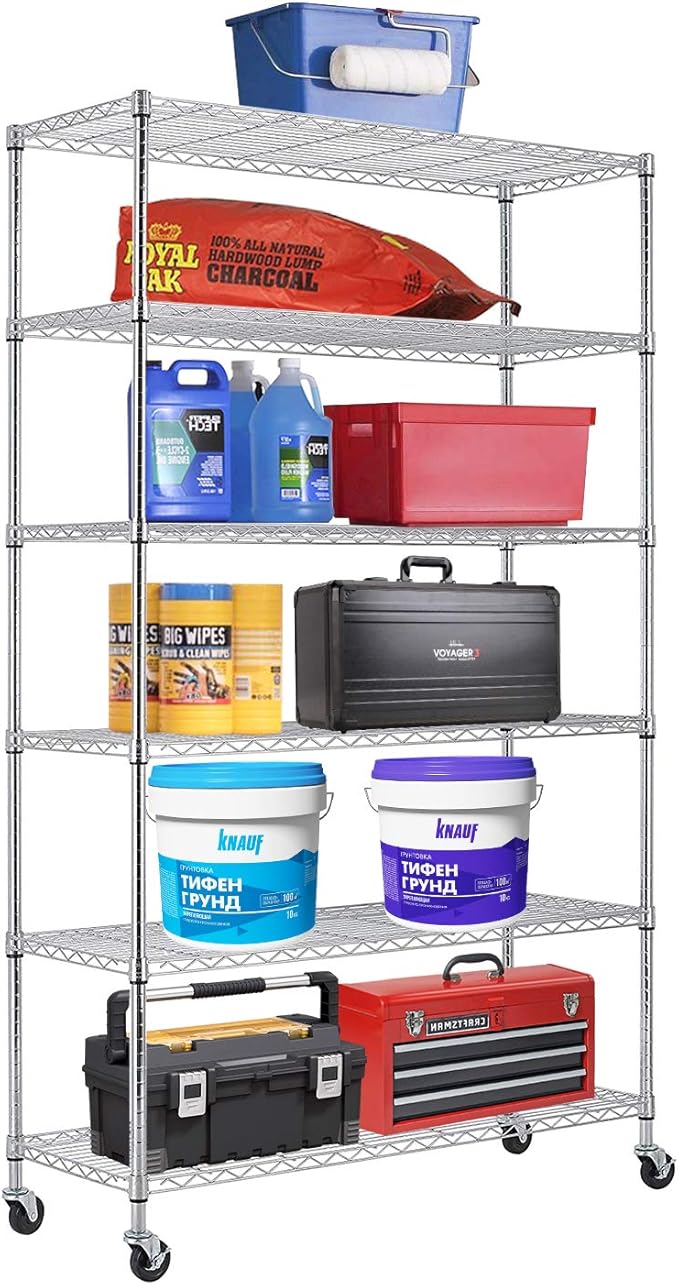 PayLessHere | 6-Tier Wire Shelf with Wheels | 48"x18"x82" | Chrome | Adjustable Racks | Heavy-Duty Storage Shelves, Holds Upto 510 lbs | Rust-Resistant, No-Tool Assembly | for Home, Garage Shelving