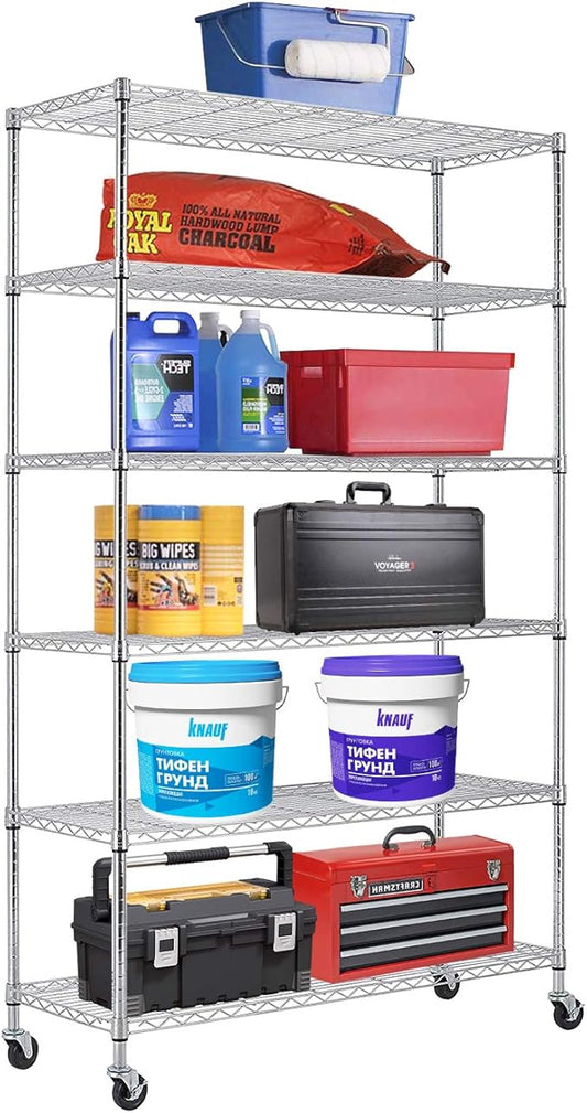 PayLessHere | 6-Tier Wire Shelf with Wheels | 48"x18"x82" | Chrome | Adjustable Racks | Heavy-Duty Storage Shelves, Holds Upto 510 lbs | Rust-Resistant, No-Tool Assembly | for Home, Garage Shelving