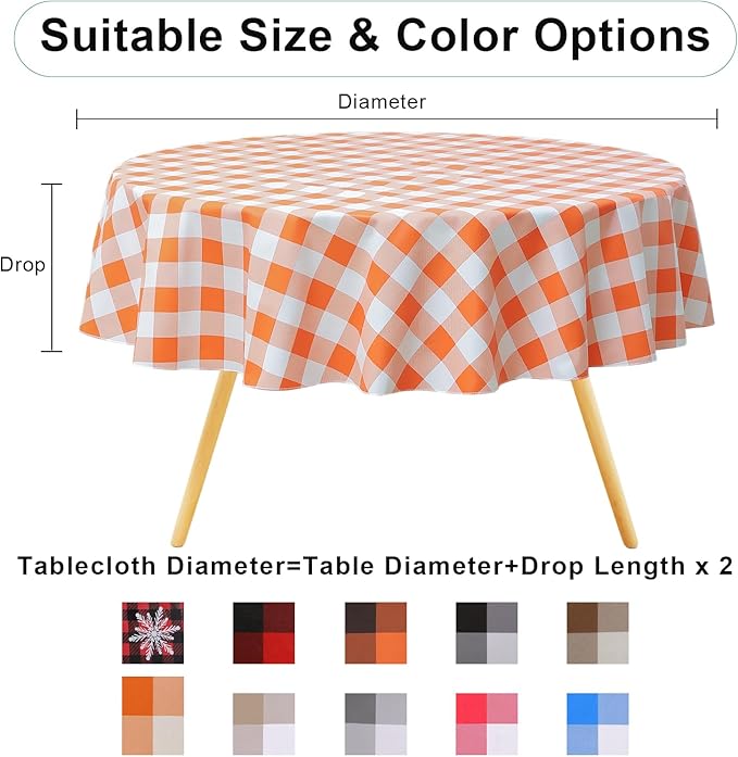 misaya Round Waterproof Vinyl Table Cloth, Buffalo Flannel Backed Tablecloth, Wipeable Plastic Table Cover for Fall, Thanksgiving (60", Orange and White)