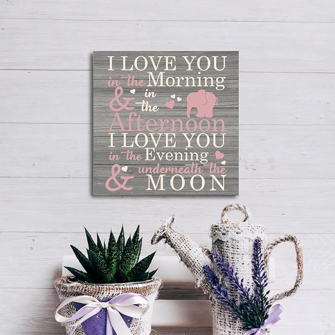 Love Sign, Wood Plaque Table Art Sign 6.2 * 6.2inch, Elephant Wood Sign for Nursery, Decoration for Baby Girls Room, Daughter's Room Decor, I Love You in the Morning Afternoon Evening & Moon