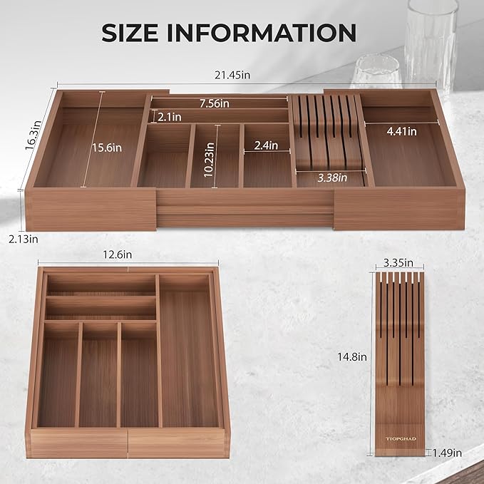 Bamboo-Silverware-Drawer-Organizer-Kitchen, Expandable Utensil Holder Cutlery Tray Flatware Organization Adjustable Wood Tableware Dividers Storage (with Removable Knife Block)(Brown)
