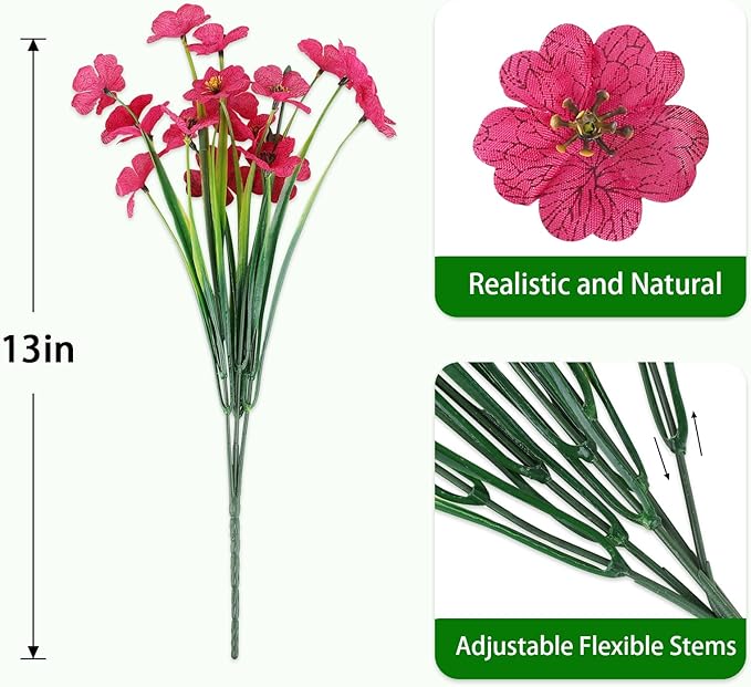 24 Bundles Artificial Flowers for Outdoors, Realistic Fake Silk Flowers for Outside Decoration, No Fade Faux Plants Outdoor Planter Window Box Porch Patio Decor(Rosy red)