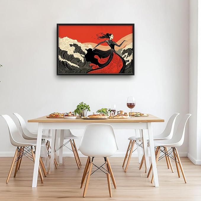 Flintis Large Black White and Red Dancer Framed Wall Art Woman Dancing Waves Pictures Wall Decor Abstract Canvas Painting Print Artworks Framed for Living Room Bathroom Master Bedroom 36L X 24W