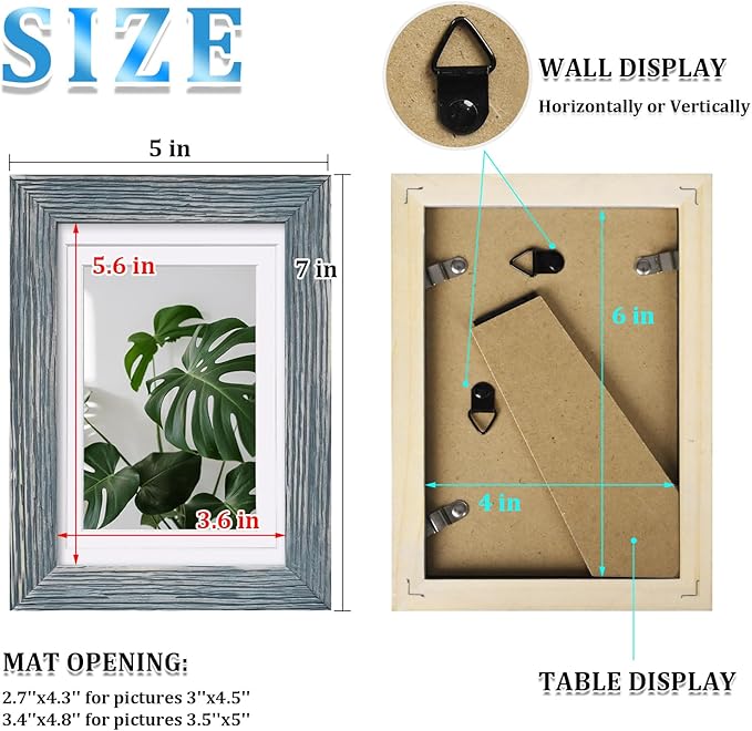 Egofine 4x6 Picture Frames Set of 4, Made of Solid Wood Covered by Plexiglass 3.5x5 with Mat or 4x6 without Mat, for Table Top Display and Wall Mounting Photo Frame Rustic Blue
