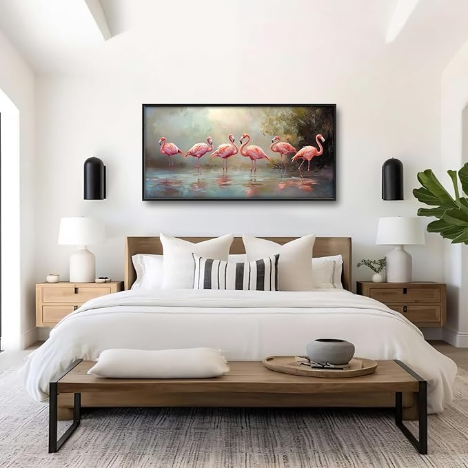 Flamingo Framed Wall Art for Living Room, Large Pink Birds Canvas Wall Decor, Animal Lake Pictures Painting, Modern Artwork for Bathroom Bedroom 60L'' × 30W''