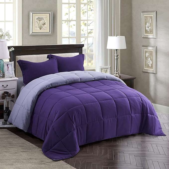 HIG 3 Pieces Purple Oversized Reversible Comforter Set King, Modern Breathable Box Stitched Duvet Insert with 2 Shams, Soft Fluffy All Season Comforter Set with Corner Tabs for Bedroom, Microfiber