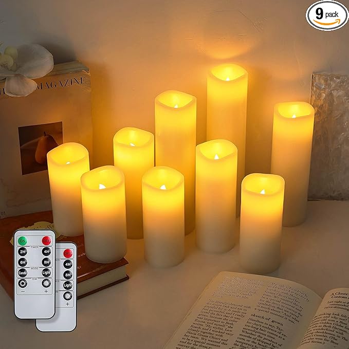 Halloween Flameless Candles Battery Operated LED Candles with Timer and Remote, Pack of 9 Real Wax Pillar Candles Flickering Candle for Home & Holiday Romantic Decor